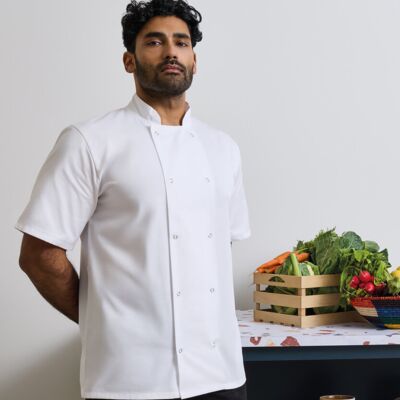 Studded front short sleeve chef's jacket Thumbnail